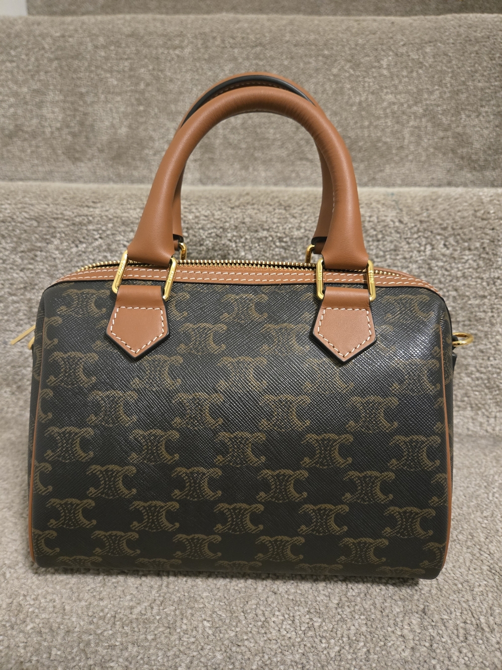 Celine Small Boston Bag In Triomphe Canvas